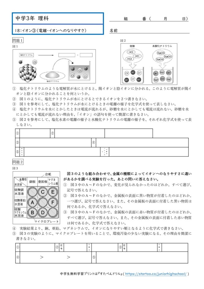 中3理科「化学変化とイオン（電離・イオンへのなりやすさ）」学習プリント無料ダウンロード・印刷